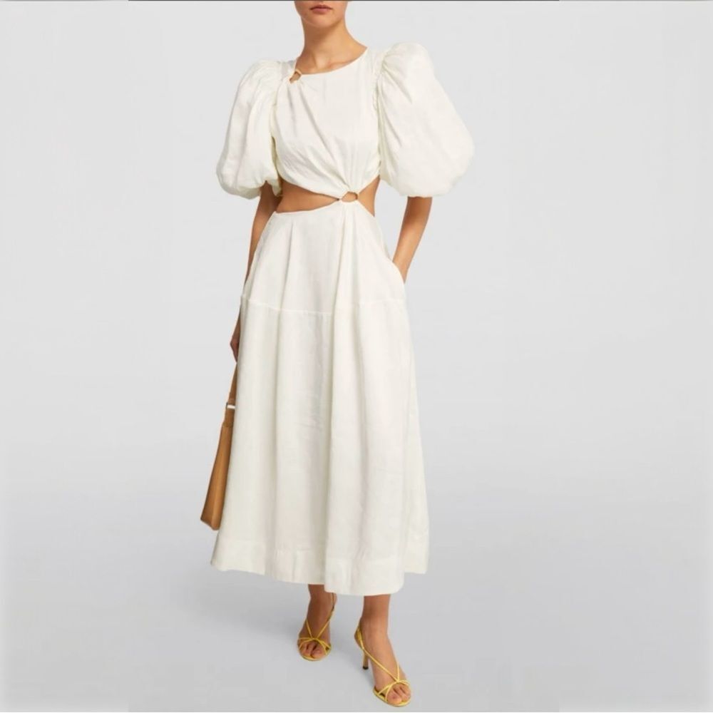 Aje Vanades Midi Dress Linen Ivory Cut-Out A-Line Puff Sleeve